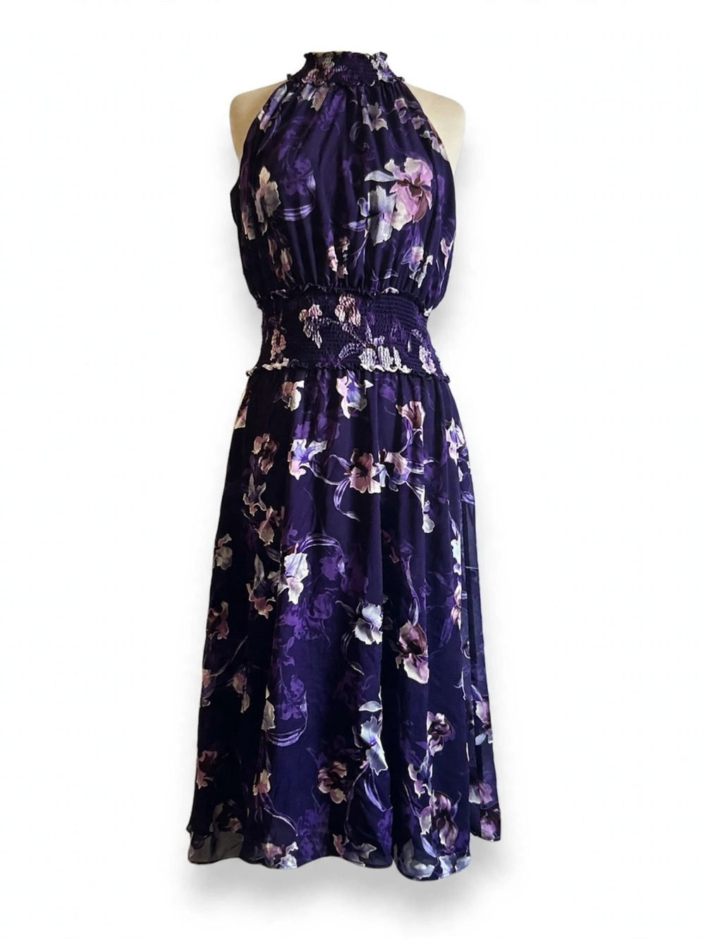 White House Black Market Purple Floral Halter Midi Dress size 8